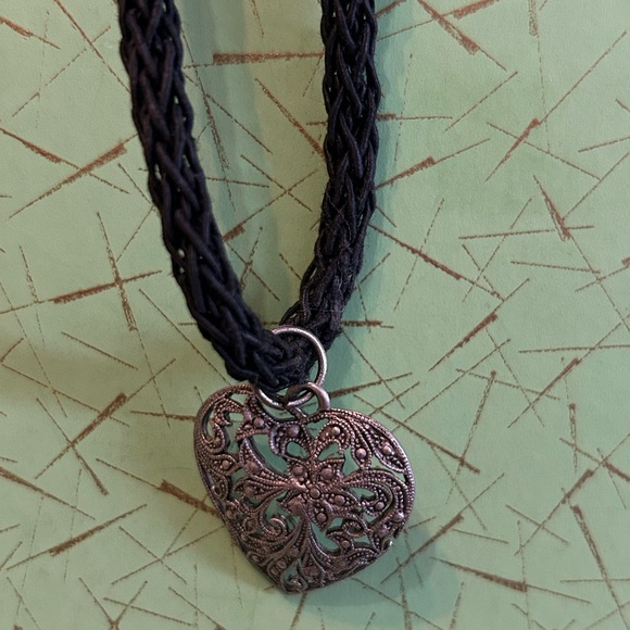 Jewelry - Silver Heart Pendant on Black Braided Necklace
